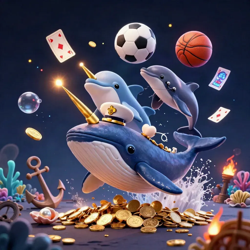 Whale, narwhal and dolphins burst through coins with soccer and basketball in luxe casino seas.