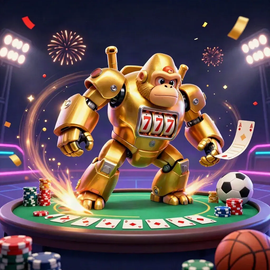 Golden gorilla mech and monkey pilot amid casino cards, chips, balls, confetti, and neon ice-faceoff chaos.