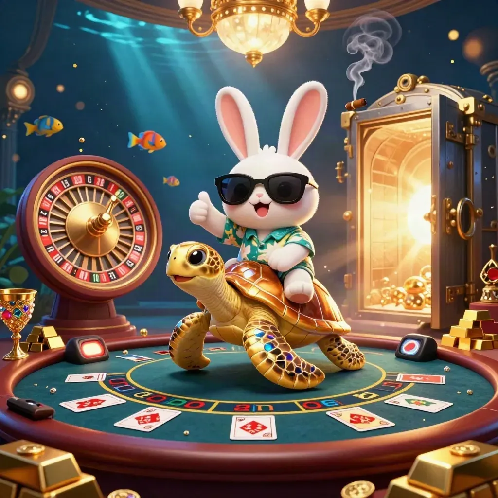 Lucky rabbit on a golden sea turtle amid jewels, vault light, and casino glow.