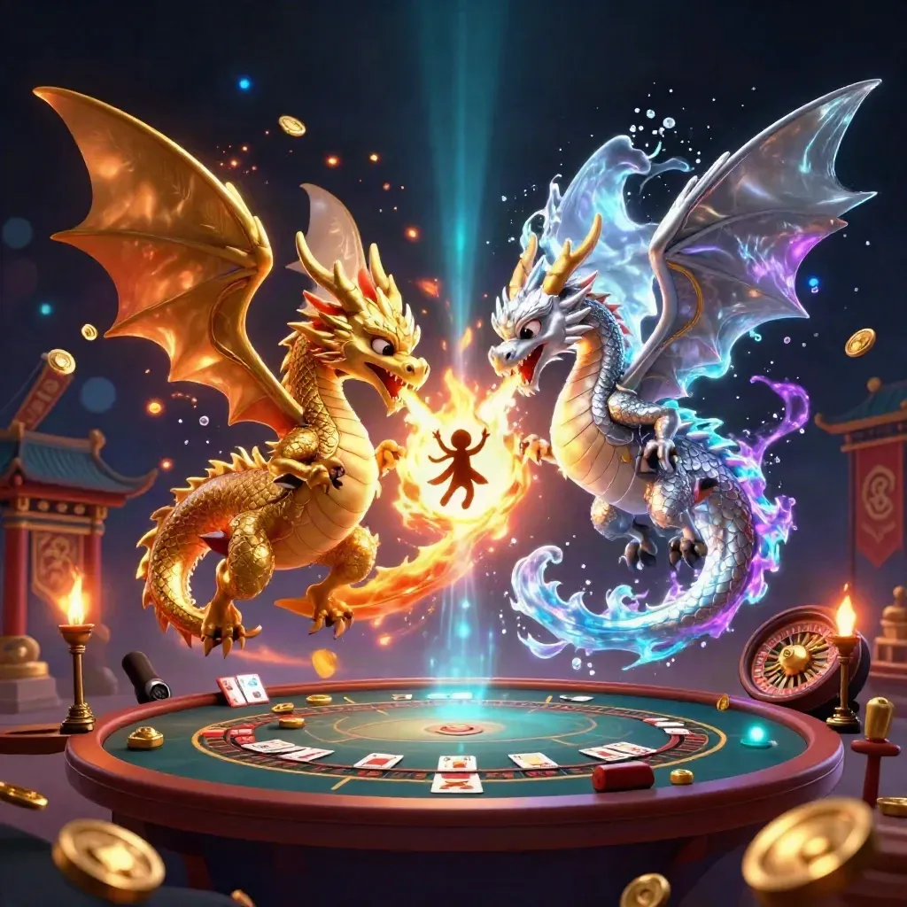 Twin gold and silver dragons spiral with fire and ice above casino-royal lights and a temple gate.