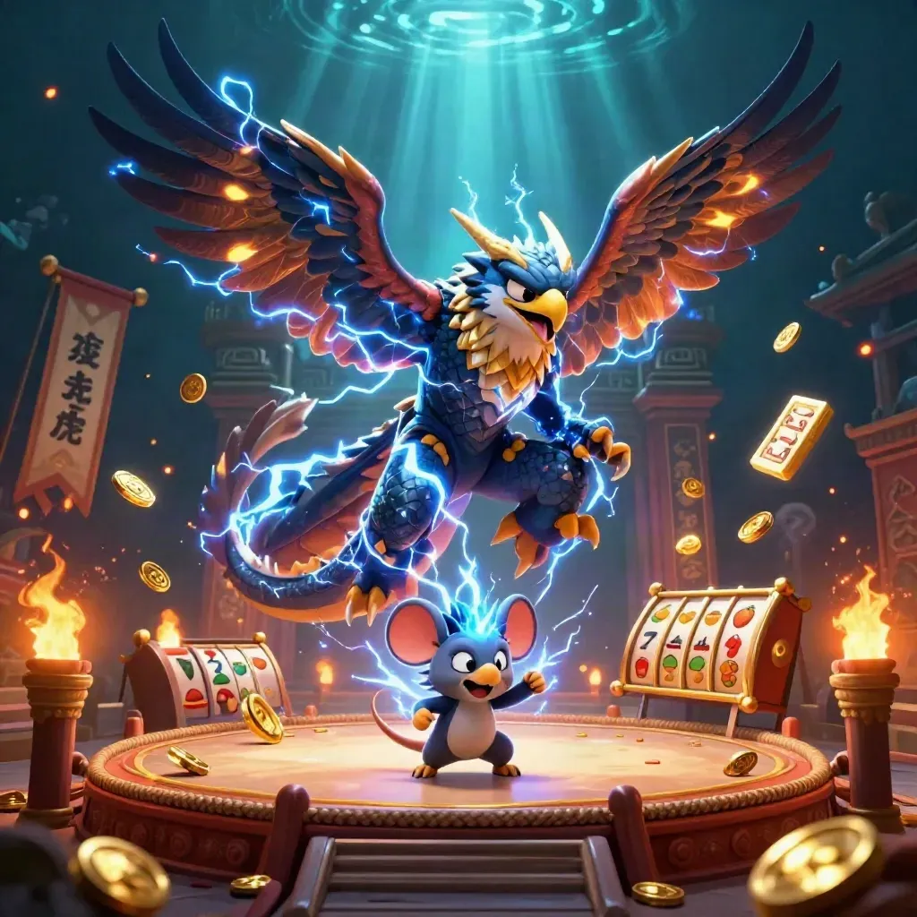 Thunder dragon, wind hawk, and static mouse in a glowing underwater temple casino scene.