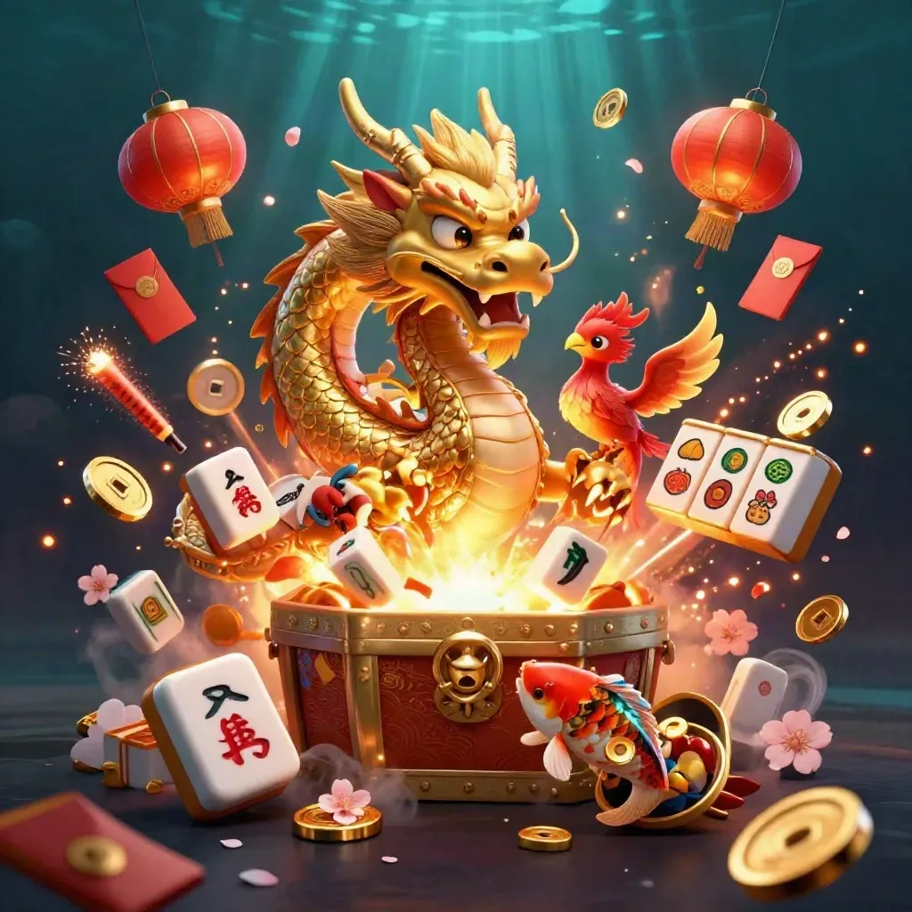 Golden dragon and phoenix amid jackpot coins, lanterns, fireworks and slot symbols in luxe blue-gold glow