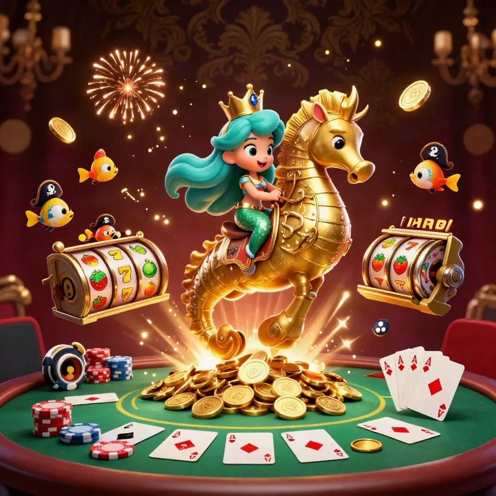 Mermaid princess on armored seahorse amid coins, reels, chips, fireworks, and casino glamour.