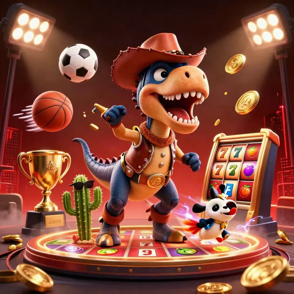 Cowboy T-Rex, cactus sidekick, and roadrunner amid jackpot coins, slots, and neon casino energy.
