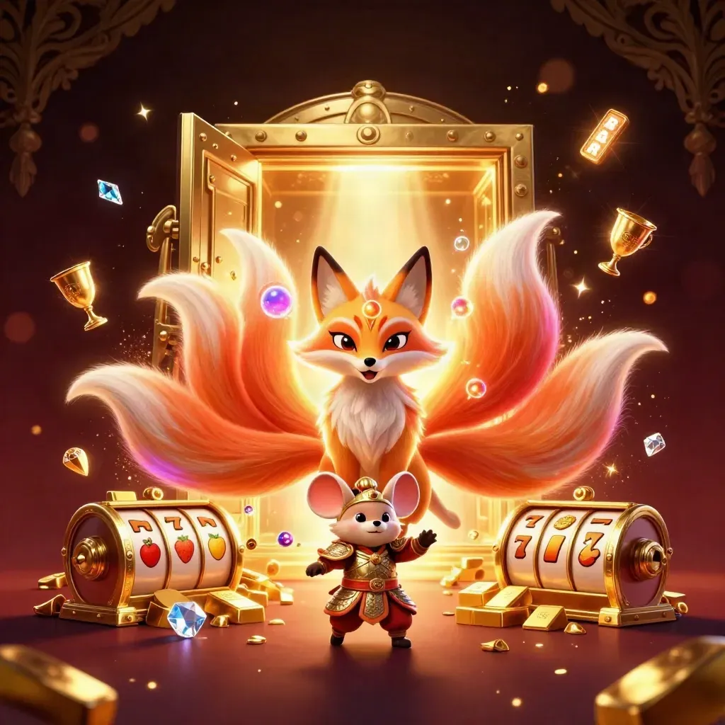 Nine-tailed fox spirit and gold-armored mouse amid jackpot vault, coins, reels, and casino glow